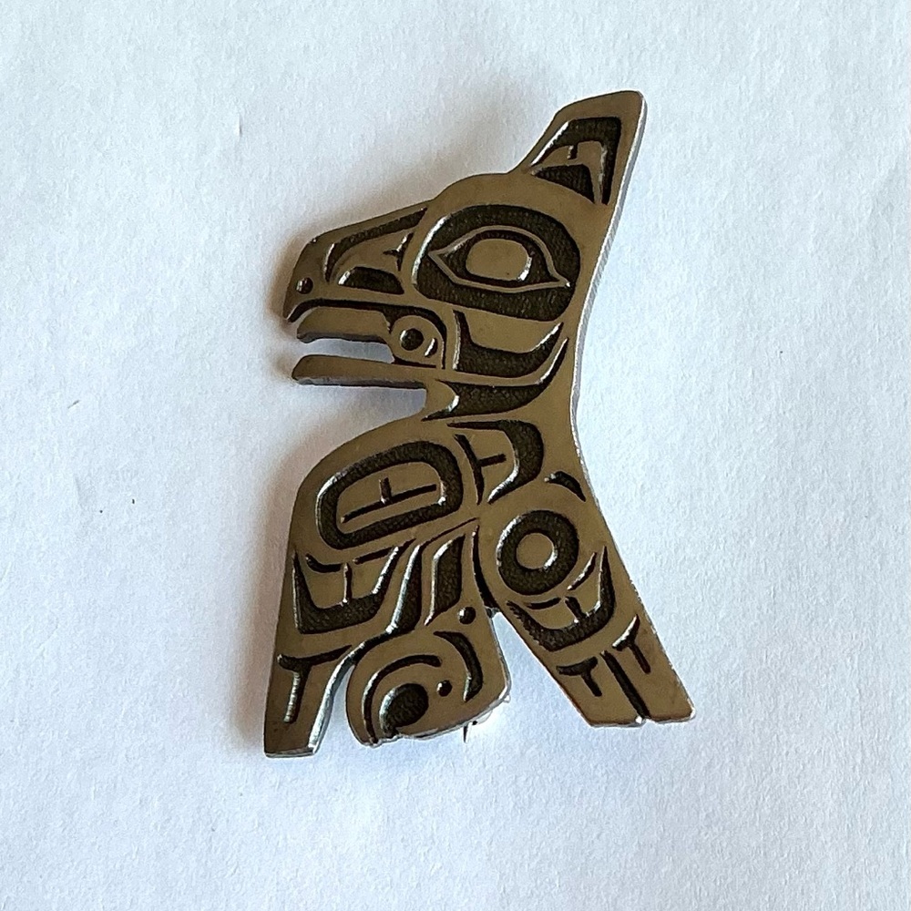 Vintage Haida Northwest Coast Carved Sterling Silver Raven Brooch signed QP